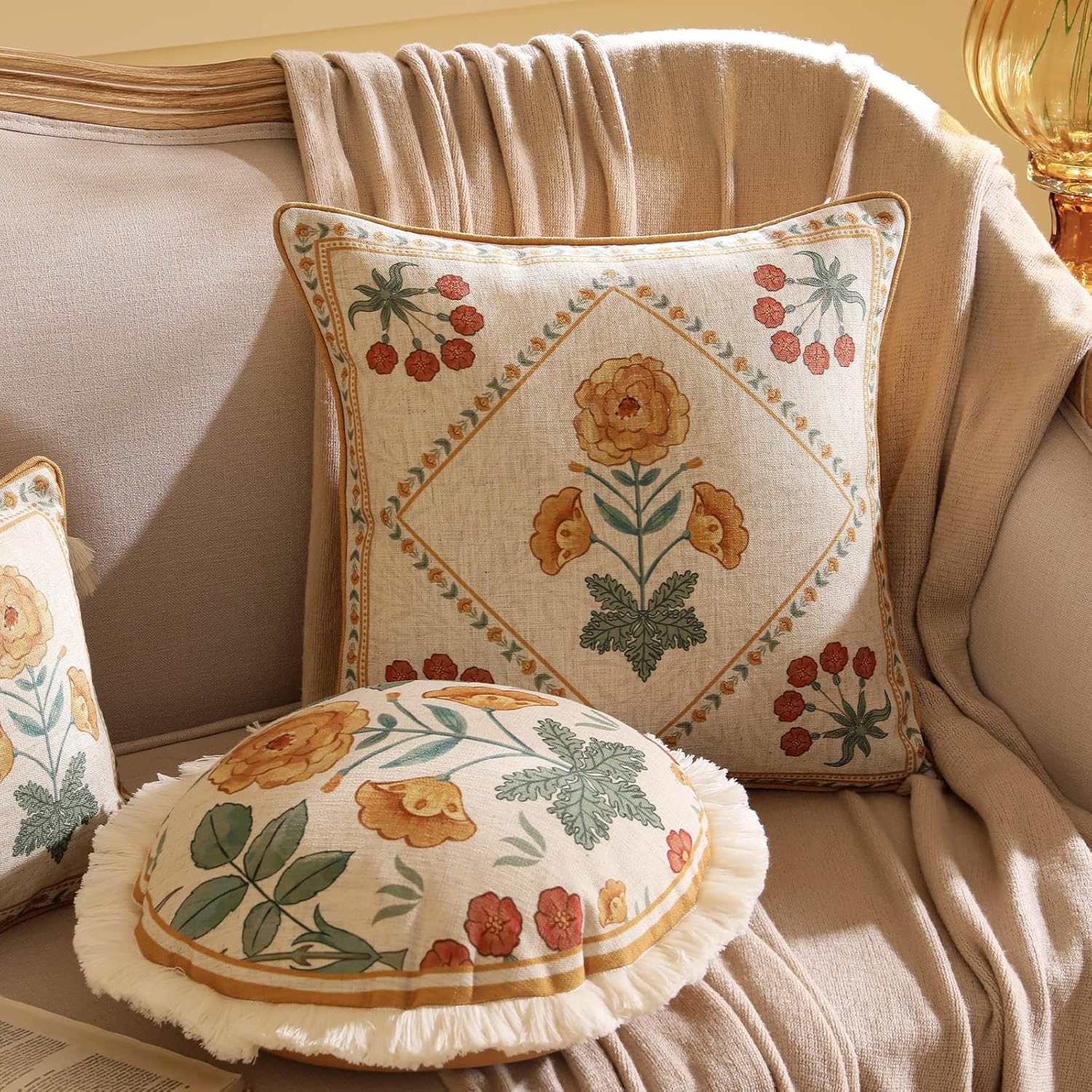 patdrea Designer Throw Pillow Covers for Couch 18"x18",Vintage French Linen Pillows Cover with Daisy Floral Pattern,Beige Luxury Farmhouse Decorative Square Cushion for Bed,Living Room,Outdoor,Car