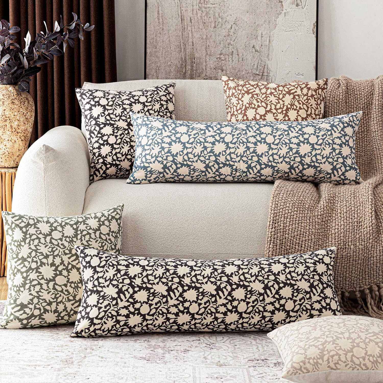 Foindtower Set of 2 Decorative Long Body Lumbar Throw Pillow Covers Accent Farmhouse Cushion Cover Neutral Floral Pillowcase for Couch Sofa Bedroom Living Room Home Decor,14×36 Inch,Dusty Blue