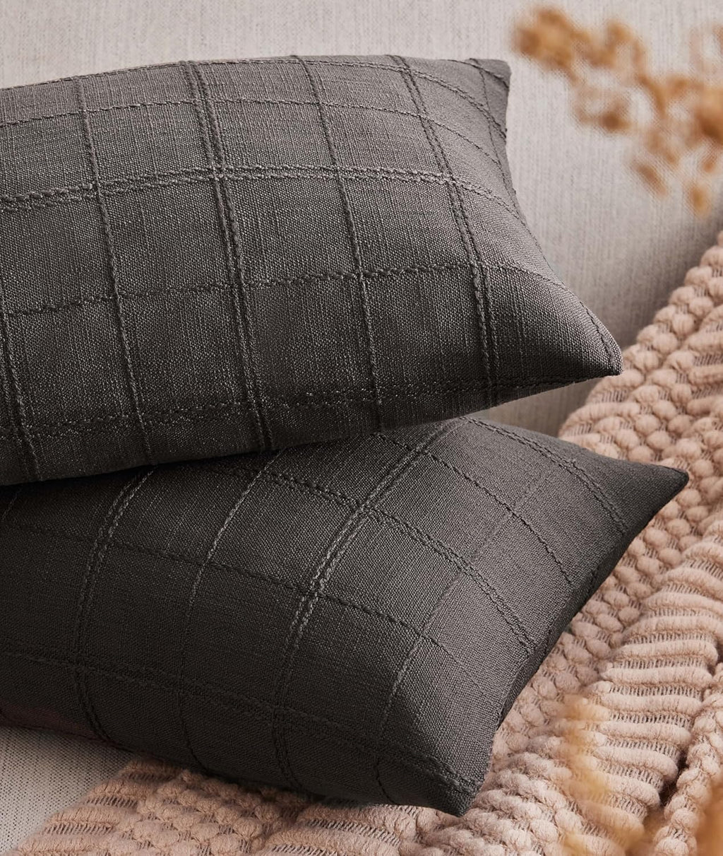 ZeeMart Linen Checked Lumbar Throw Pillow Covers Set of 2, 12x20 Inch Allover Grid Charcoal, Farmhouse Decorative Double Sided Grid Embroidered Couch Pillow Cases Grey Cotton Linen Cushion Covers