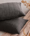 ZeeMart Linen Checked Lumbar Throw Pillow Covers Set of 2, 12x20 Inch Allover Grid Charcoal, Farmhouse Decorative Double Sided Grid Embroidered Couch Pillow Cases Grey Cotton Linen Cushion Covers