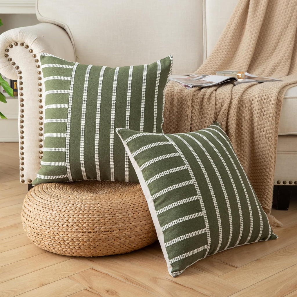 Caflife Boho Throw Pillow Covers 18x18 Set of 2 Soft Farmhouse Decorative Couch Pillow Cases Green Striped Pillow Covers Neutral Cushion Covers for Sofa Bed Living Room Home Decor