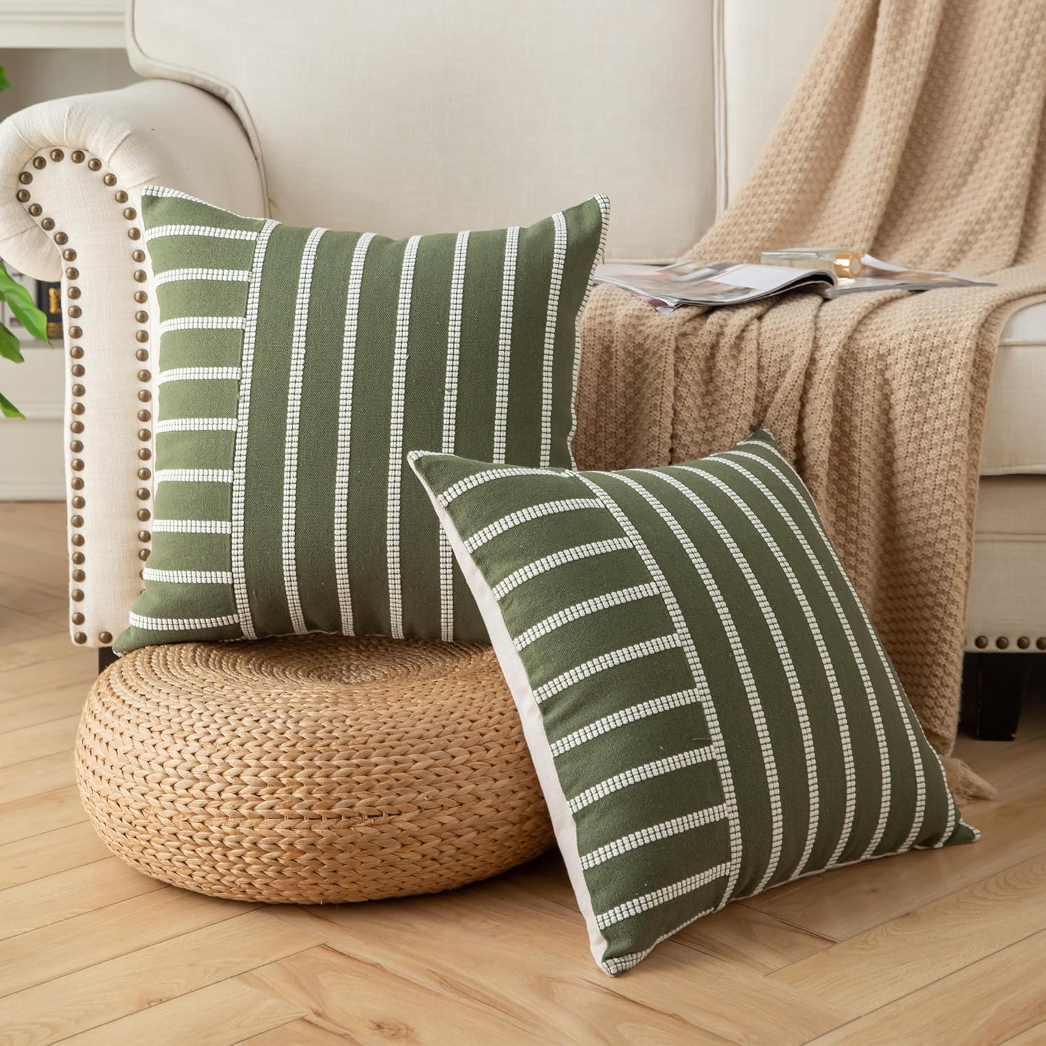 Caflife Boho Throw Pillow Covers 18x18 Set of 2 Soft Farmhouse Decorative Couch Pillow Cases Green Striped Pillow Covers Neutral Cushion Covers for Sofa Bed Living Room Home Decor