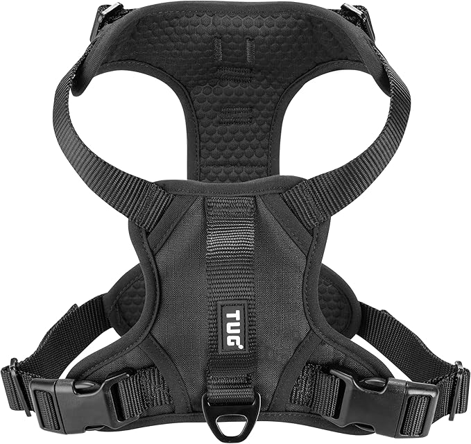 TUG Dog Harness with 2 Leash Connection Points | Adjustable, Padded, Lightweight | Handle on Back | No-Pull Front Clip (Small, Black)