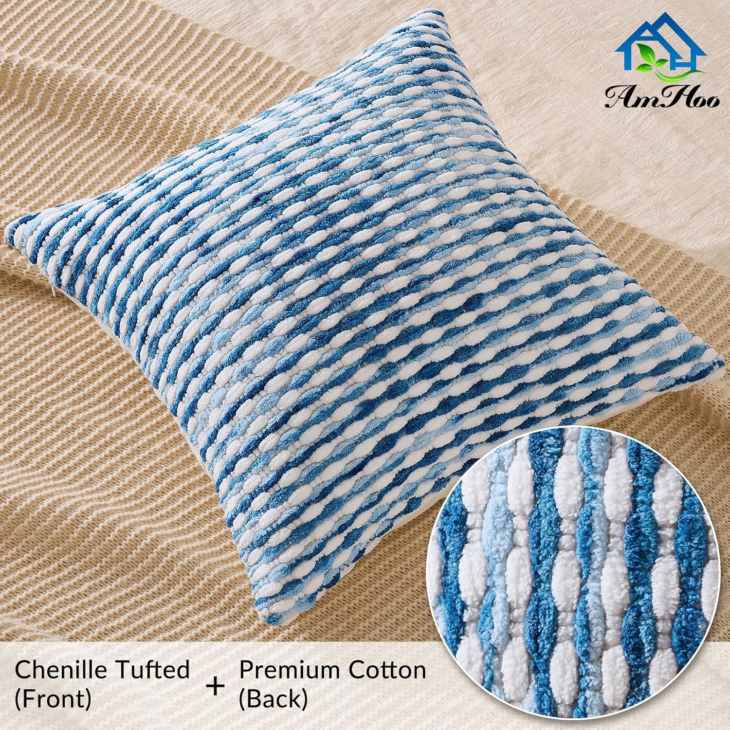 AmHoo Set of 2 Boho Chenille Pillow Cover Decorative Tufted Pillowcase for Couch Bed Sofa Bedroom Living Room Modern 18 x 18-Inch Sky Blue