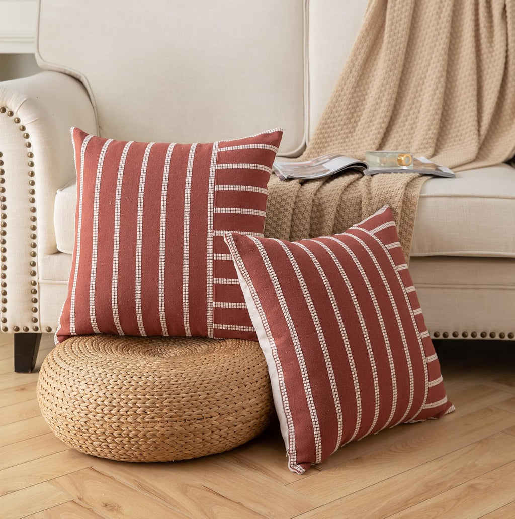 Caflife Boho Fall Throw Pillow Covers 18x18 Set of 2 Soft Farmhouse Decorative Couch Pillow Cases Rust Striped Pillow Covers Neutral Cushion Covers for Sofa Bed Living Room Home Decor