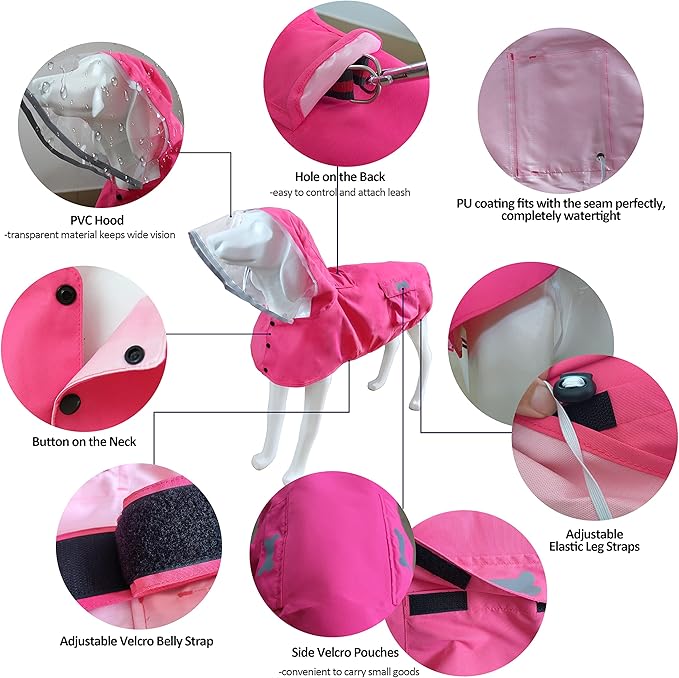 Waterproof Dog Raincoat, Adjustable Reflective Lightweight Pet Rain Clothes with Poncho Hood (XX-Large, Dark Pink)