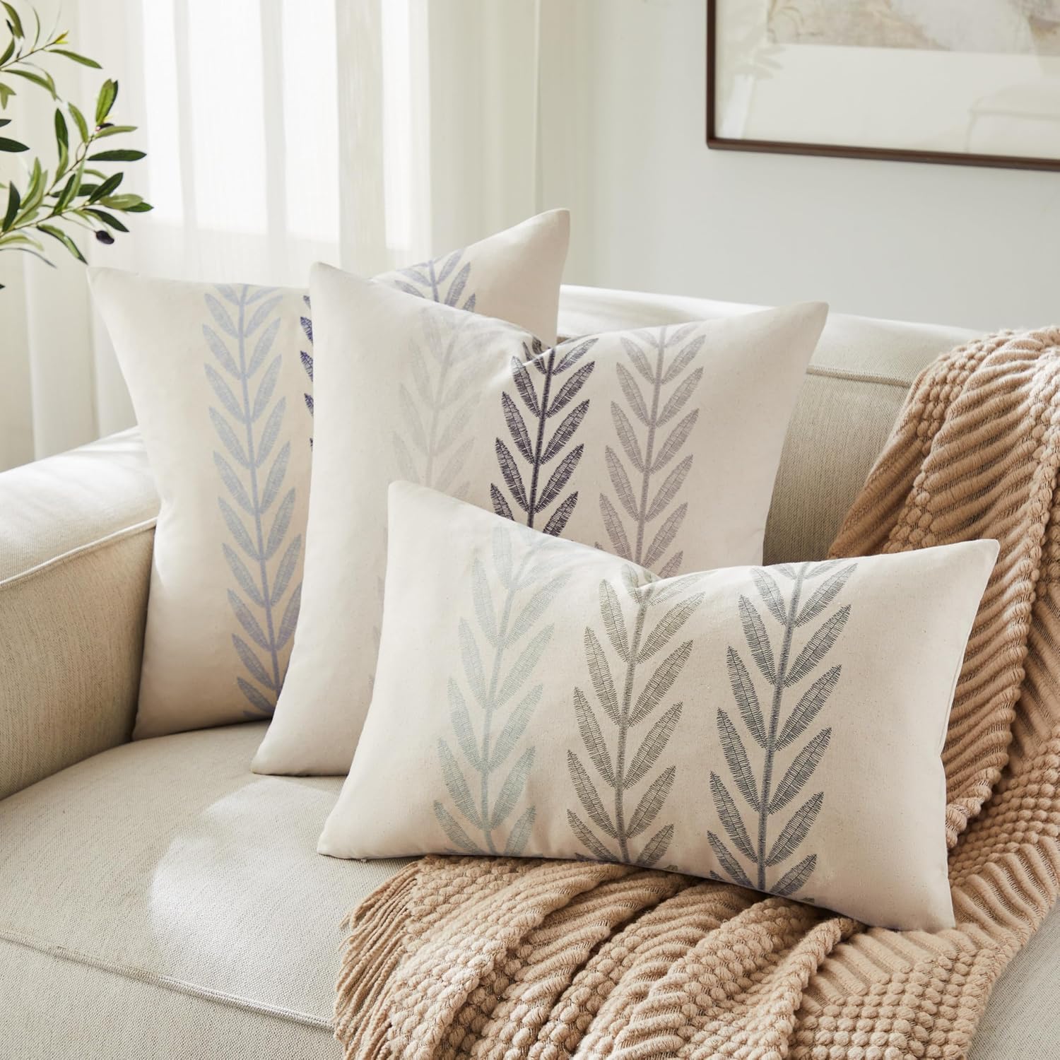 100% Cotton Farmhouse Leaves Throw Pillow Covers Set of 2, 22x22 Inch Mixed Grey Pastoral Decorative Print Cushion Covers for Sofa Bed Living Room Home Decor