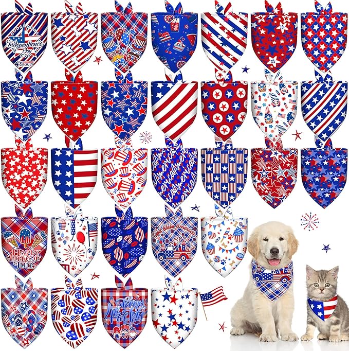 30 Pcs Dog Bandanas Bulk American Flag Pet Scarf Holiday Puppy Bandanas Washable Adjustable Patriotic Dog Bandana for Sport Event Parade Labor Day Patriot Day Small Medium Large Pet Grooming