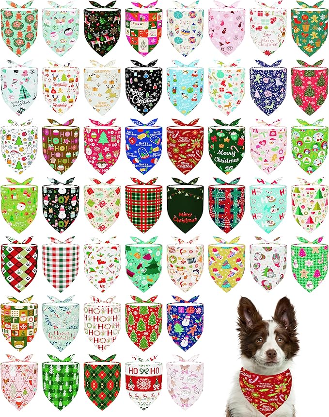 PET SHOW 100 Pack Christmas Dog Bandanas Bulk for Medium Extra Large Dogs Seamless Scarves XL Xmas Triangle Bibs Kerchief Set Pet Girl Boy Holiday Party Grooming Accessories, L