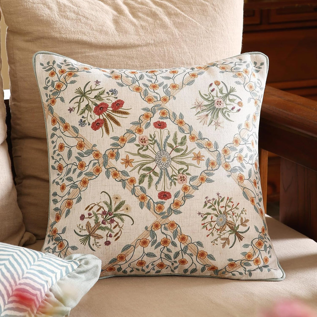 ISAENNE Design Linen Throw Pillow Covers 18"x18", Square Farmhouse Cushion Covers with Red Pink Yellow Watercolor Wildflower Pattern Decor Pillowcases for Bed,Living Room,Outdoor,Car