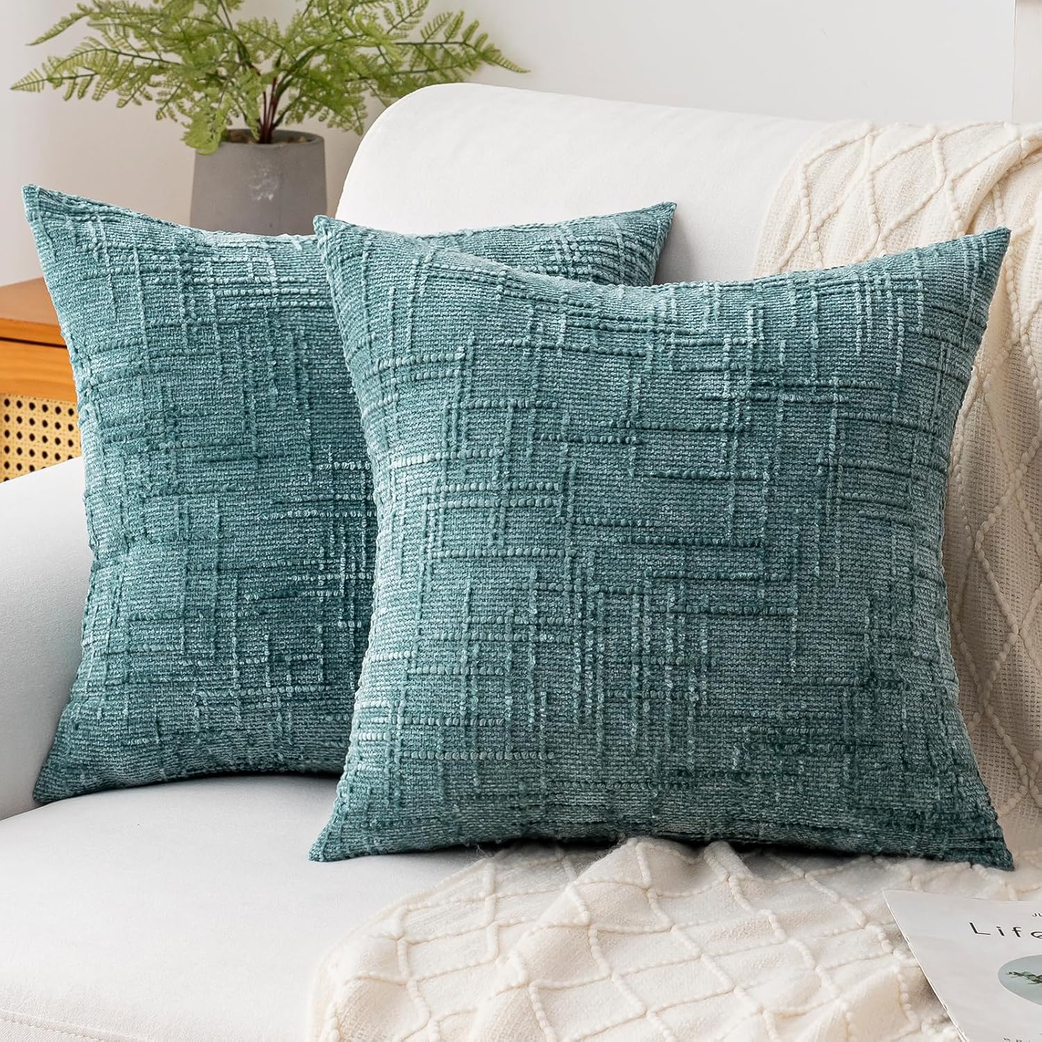 Decorative Throw Pillow Covers 22x22 Inch Set of 2, Soft Solid Farmhouse Chenille Couch Pillows, Spring Pillow Covers for Couch Sofa Bed Living Room Home Decor Pillowcase, Teal