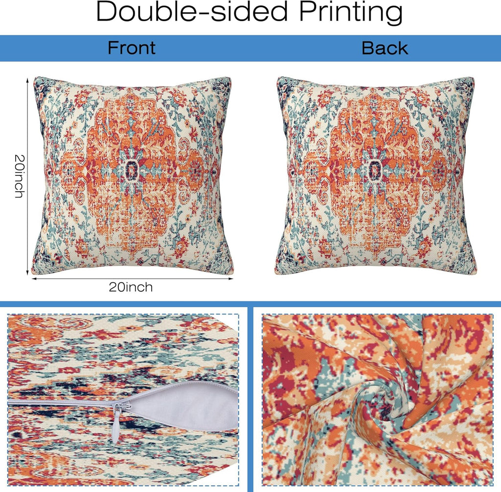 Throw Pillow Covers Boho Orange Pillow Covers 20x20 Inch Set of 2 Rug Boho Style Ethnic Floral Throw Pillows Decorative Pillow Cases Cushion Covers for Bedroom Livingroom Sofa Farm House