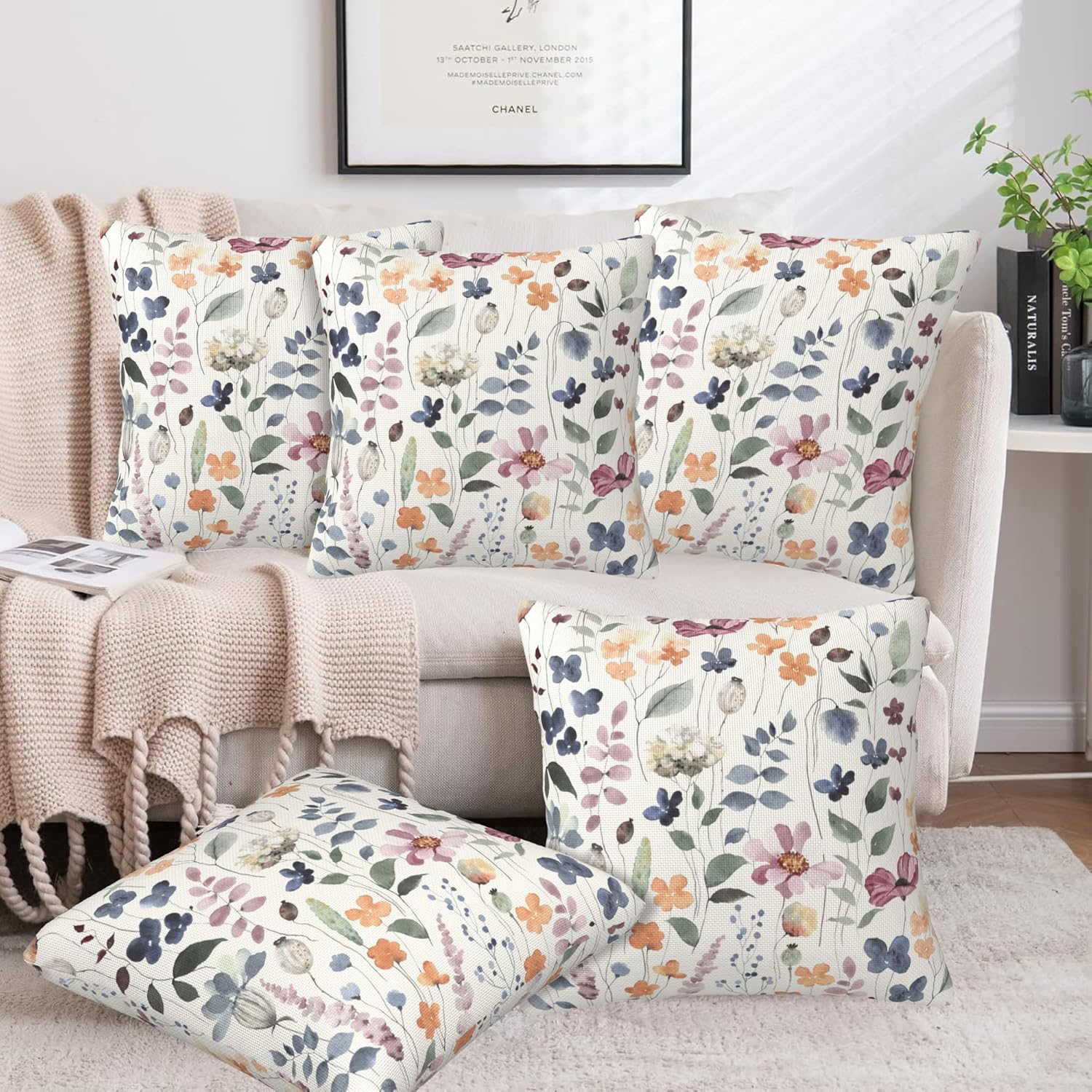 Throw Pillow Cover Case Watercolor Floral Pillow Covers 20x20 Inch Set of 2,Soft Decorative Throw Pillow Case for Living Room Bedroom Sofa Couch Cushion Covers