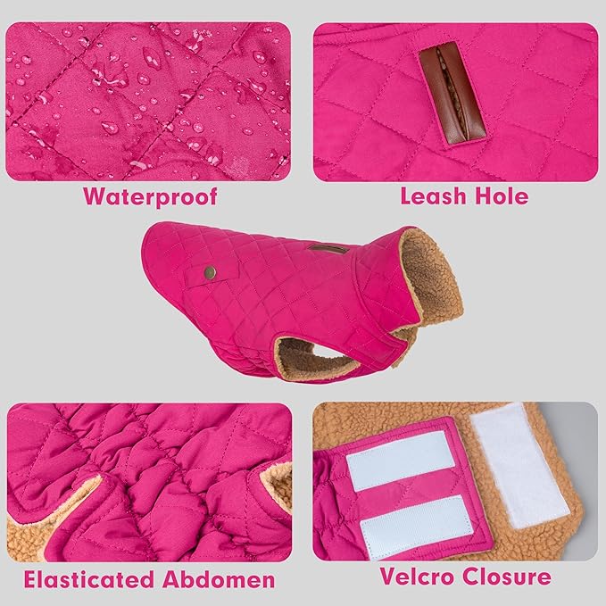 azuza Dog Jacket Waterproof & Windproof Dog Coat for Small Dogs with Thick Fleece, High Collar with Leash Hole, Adjustable Velcro & Elastic Belly, Rose Red, S