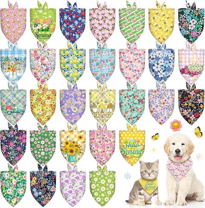 30 Pcs Spring Summer Dog Bandanas Bulk Floral Pet Scarves Bibs Adjustable Puppy Bandanas Girl Washable Flower Puppy Grooming Bandana for Small Medium Large Breed Dog Cat Pet Grooming Accessories