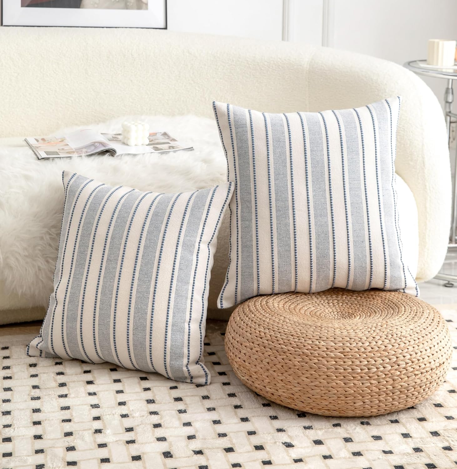 Decorative Boho Throw Pillow Covers, Farmhouse Textured Pillow Case, 18 x 18 Inch Set of 2, Chair Sofa Bedroom Living Room Home Decor Couch Cushion Case, Classic Blue and Beige Striped