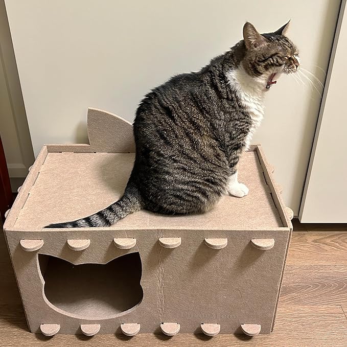 Cat House Cat Ear Design, Large Spacious Cozy Indoor Cat Bed Cave, Scratch Resistant Strong Thick Premium Felt Condo, Fun Hideaway for Multiple Cats, Up to 35LB, 21.5x13x11.6 inches (Beige)