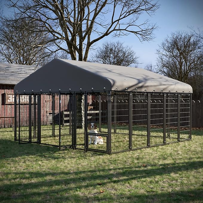 10' x 10' Large Outdoor Dog Kennel with Double Swing Doors, Heavy-Duty Dog Cage with Feeding Panel, Weatherproof Roof, Secure Fence Playpen for Large Dogs, Easy Assembly