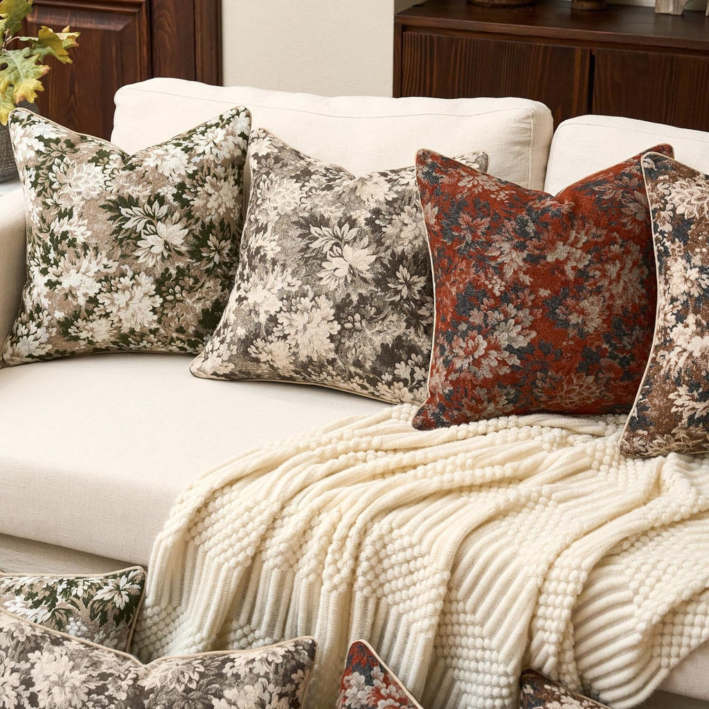 Yangest Neutral Floral Pillow Cover 20 x 20 Inches, Vintage Chenille Square Throw Pillow Cover Soft Decorative Farmhouse Accent Couch Pillow Cover for Living Room Bedroom, Grey