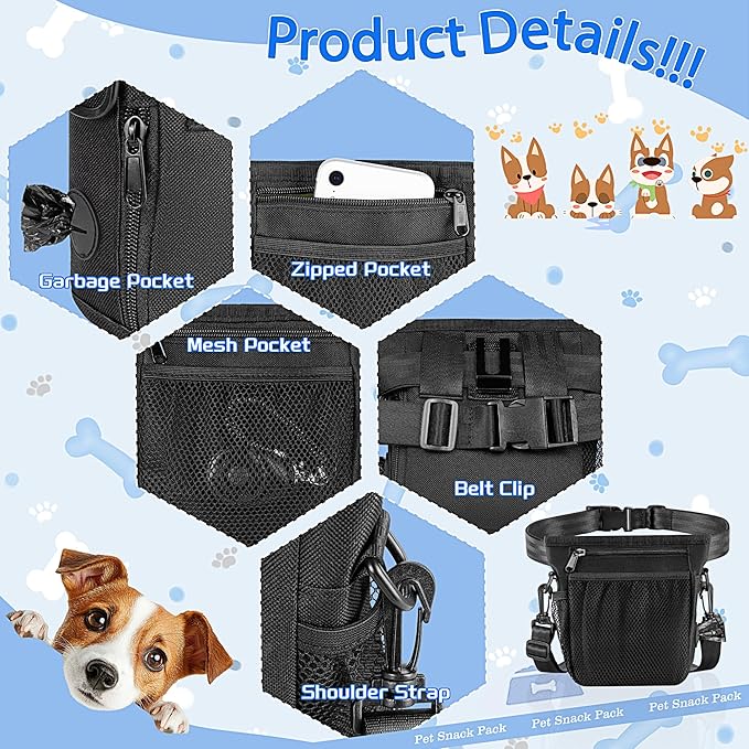 Dog Treat Pouch with 2 Cup Silicone Bag, Dog Treat Pouches for Pet Training with Clicker, Adjustable Belt, Shoulder Strap, Poop bags roll, 3 ways wear, for outdoor walks, training, and travel