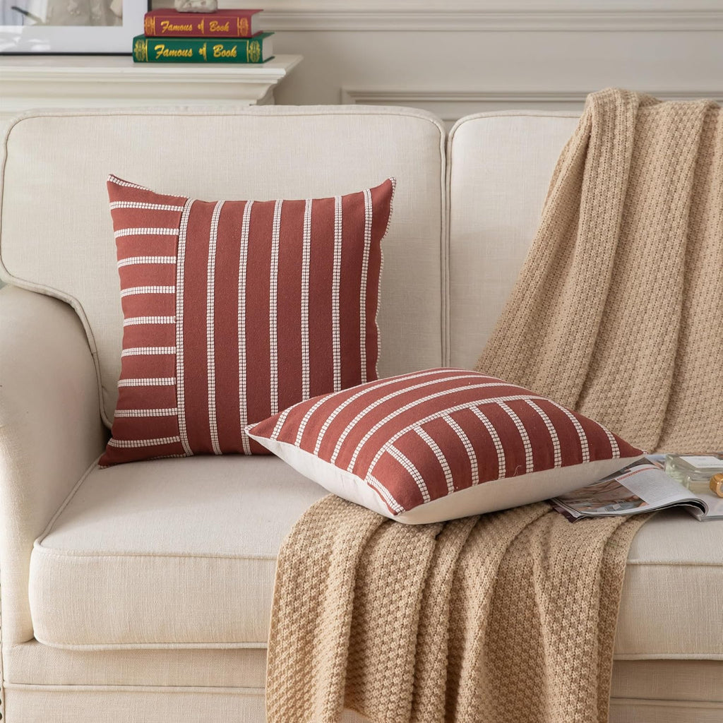 Caflife Boho Fall Throw Pillow Covers 18x18 Set of 2 Soft Farmhouse Decorative Couch Pillow Cases Rust Striped Pillow Covers Neutral Cushion Covers for Sofa Bed Living Room Home Decor