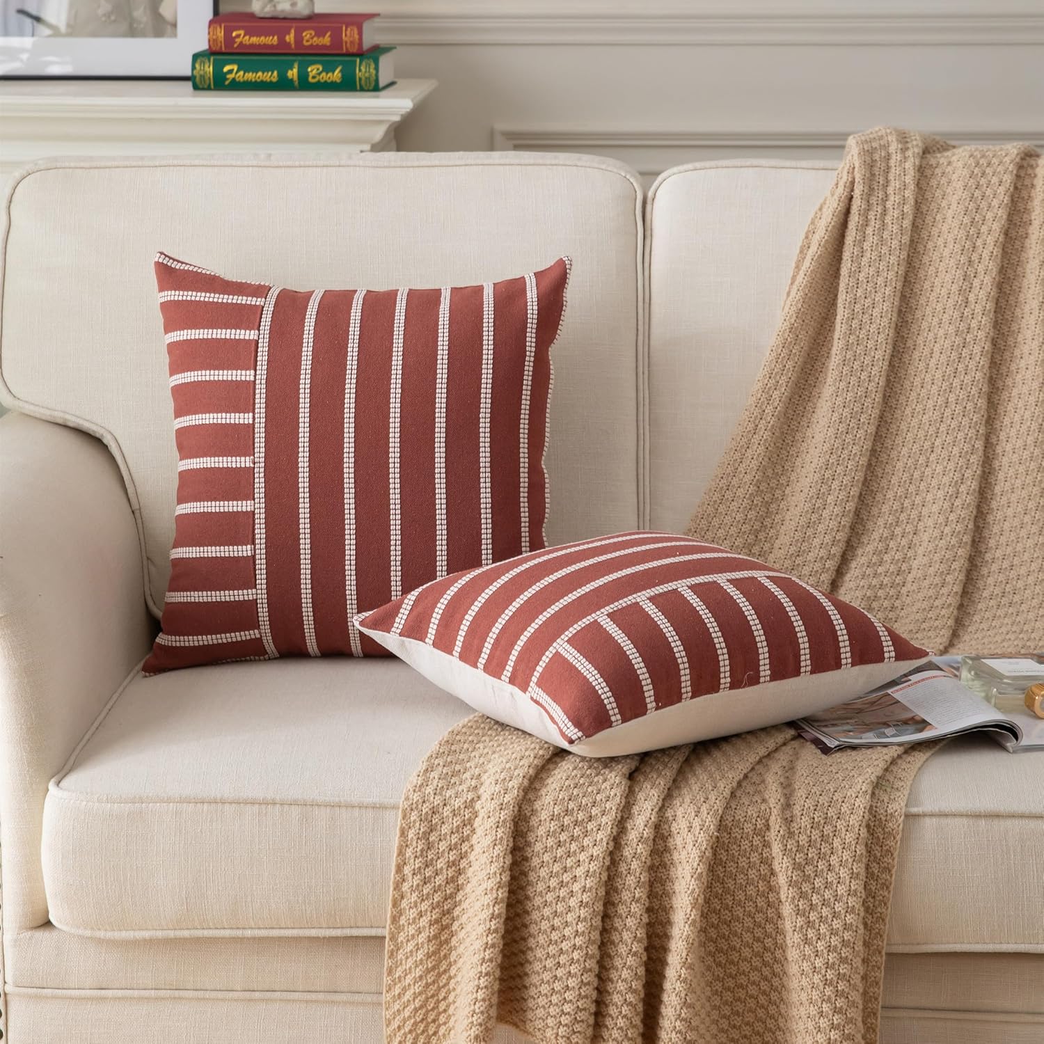 Caflife Boho Fall Throw Pillow Covers 18x18 Set of 2 Soft Farmhouse Decorative Couch Pillow Cases Rust Striped Pillow Covers Neutral Cushion Covers for Sofa Bed Living Room Home Decor