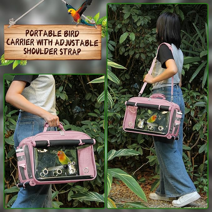 Suertree Bird Carrier Airline Approved, Bird Travel Cage with Indestructible Stainless Steel Mesh, Bird Travel Bag Lightweight and Portable with Water Bottle and Bowl