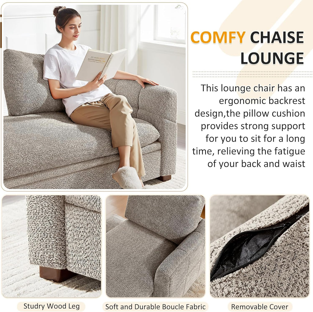 VANOMi Oversized 70.47'' Chaise Lounge Chair Indoor with Storage Space, Modern Upholstered Sofa Bed with Thick Cushion and Left Armrest, Boucle Leisure Recliner for Living Room, Bedroom, Office, Camel