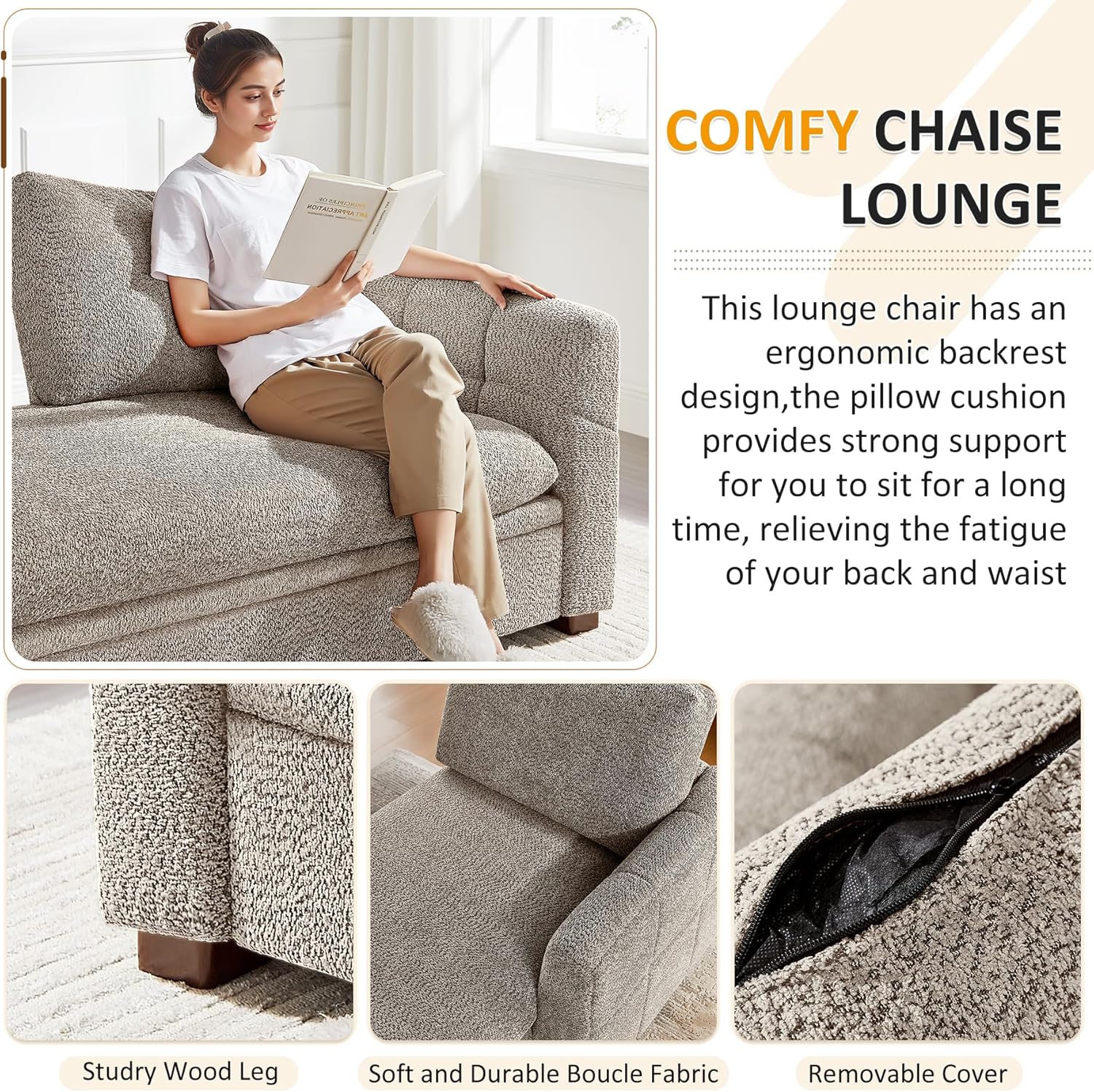 VANOMi Oversized 70.47'' Chaise Lounge Chair Indoor with Storage Space, Modern Upholstered Sofa Bed with Thick Cushion and Left Armrest, Boucle Leisure Recliner for Living Room, Bedroom, Office, Camel