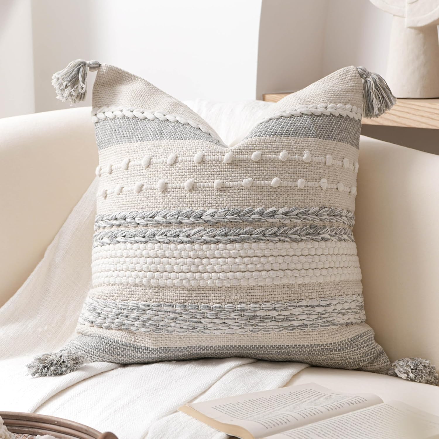 BlissBlush Gray Boho Decorative Throw Pillow Cover 20x20 Square Farmhouse Accent Cushion for Couch Sofa Livingroom Bedroom Pillowcase Modern Home Décor (Pack of 1)