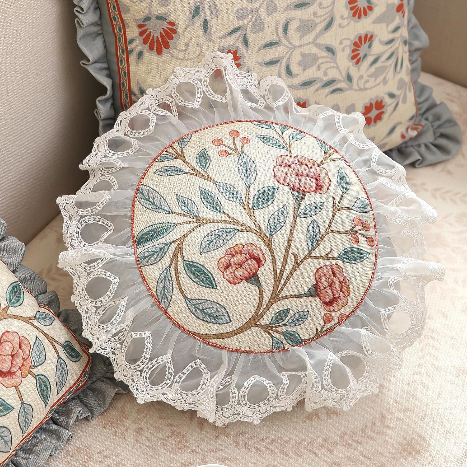 Floral Throw Pillow Covers Set of 2,Cottage Rustic with Blooming Flower Pattern Linen Pillowcases,Decorative Round Pillows Cushion Covers for Couch Sofa Bed Chair Car,Diameter 16"