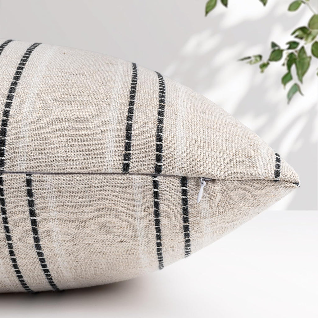 AELS 26x26 Decorative Farmhouse Linen Throw Pillow Covers, Boho Textured Pillow Case, Set of 2, Beige with White & Black Stitch Yarn Dyed Stripe Cushion Cover for Sofa Couch Living Room (Cover ONLY)