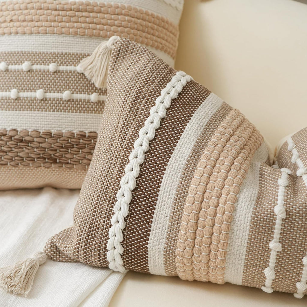 BlissBlush Brown Decorative Throw Pillow Cover 20x20 Square Boho Accent Pillowcase Tassels Farmhouse Cushion for Couch Sofa Bedroom Livingroom Home Décor Cover ONLY (Pack of 1)