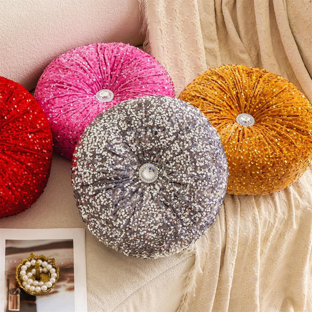 Round Throw Pillow, 13.7" Soft Glitter Sequin Pleated Pumpkin Decorative Round Pillow Circle Floor Pillow Cushions for Sofa Bed Chair Living Room Floor Home Decoration, Yellow