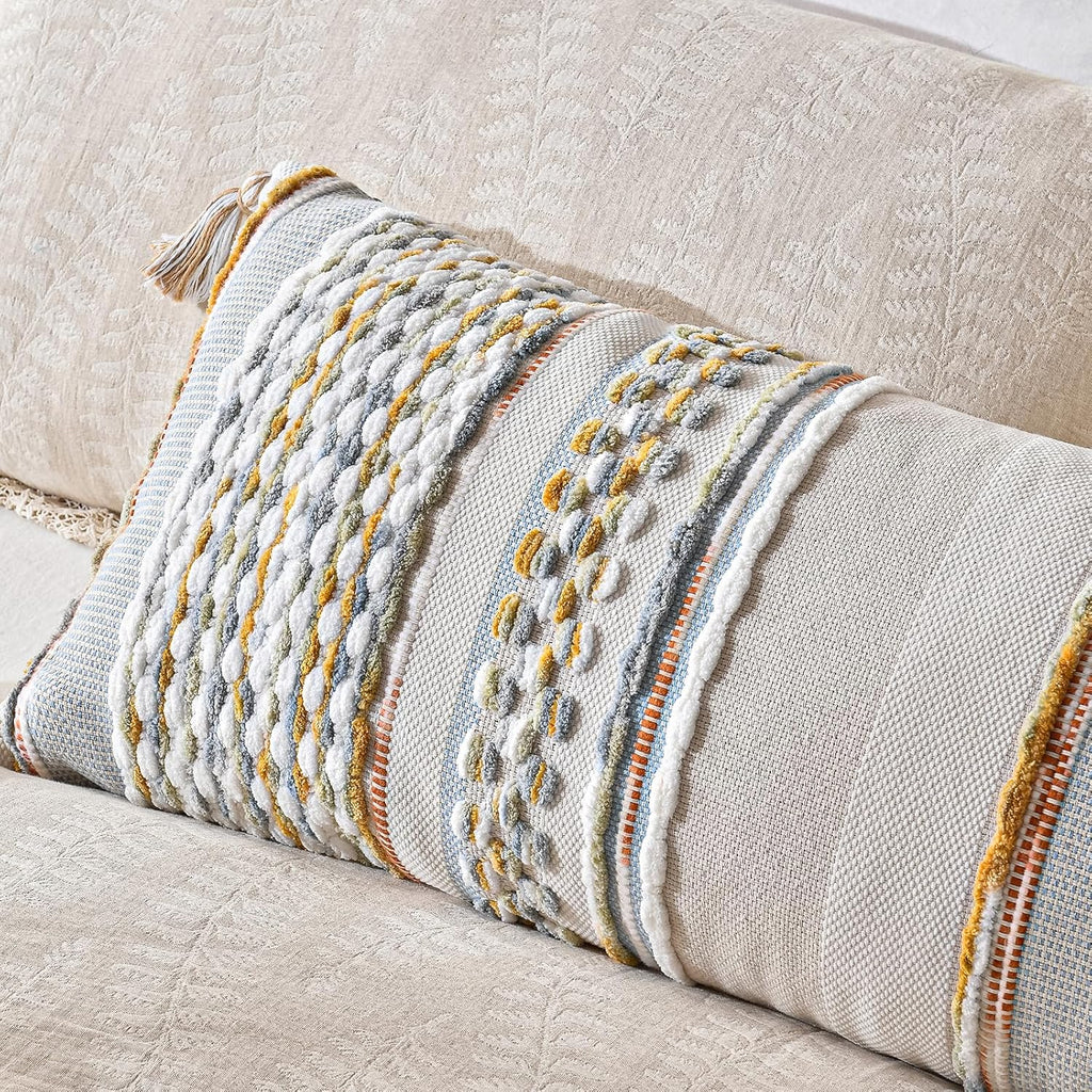 AmHoo Chenille Striped Textured Boho Throw Pillow Covers Aesthetic with Tassels Woven Decorative Pillow Case for Couch Bed Sofa Bedroom Modern Funky 14 x 36-Inch Grey