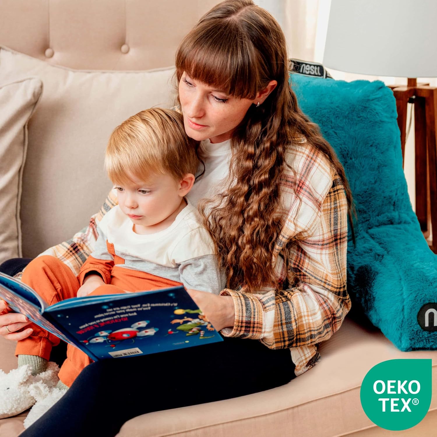 Nestl Fur Reading Pillow, Stylish Back Pillow for Bed Sitting Up, Faux Fur Bed Chair Pillow with Arms, Reading Pillows for Sitting in Bed Adult & Kids, Sit Up Back Support Pillow for Bed Rest - Teal