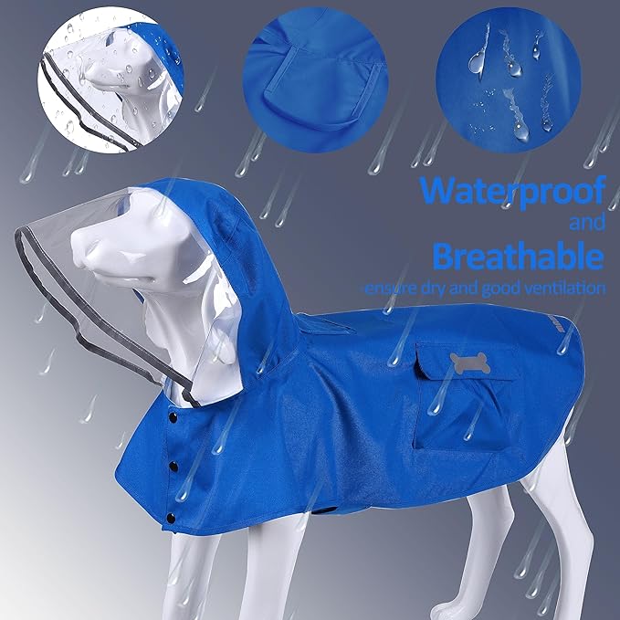 Waterproof Dog Raincoat, Adjustable Reflective Lightweight Pet Rain Clothes with Poncho Hood (XX-Large, Blue)