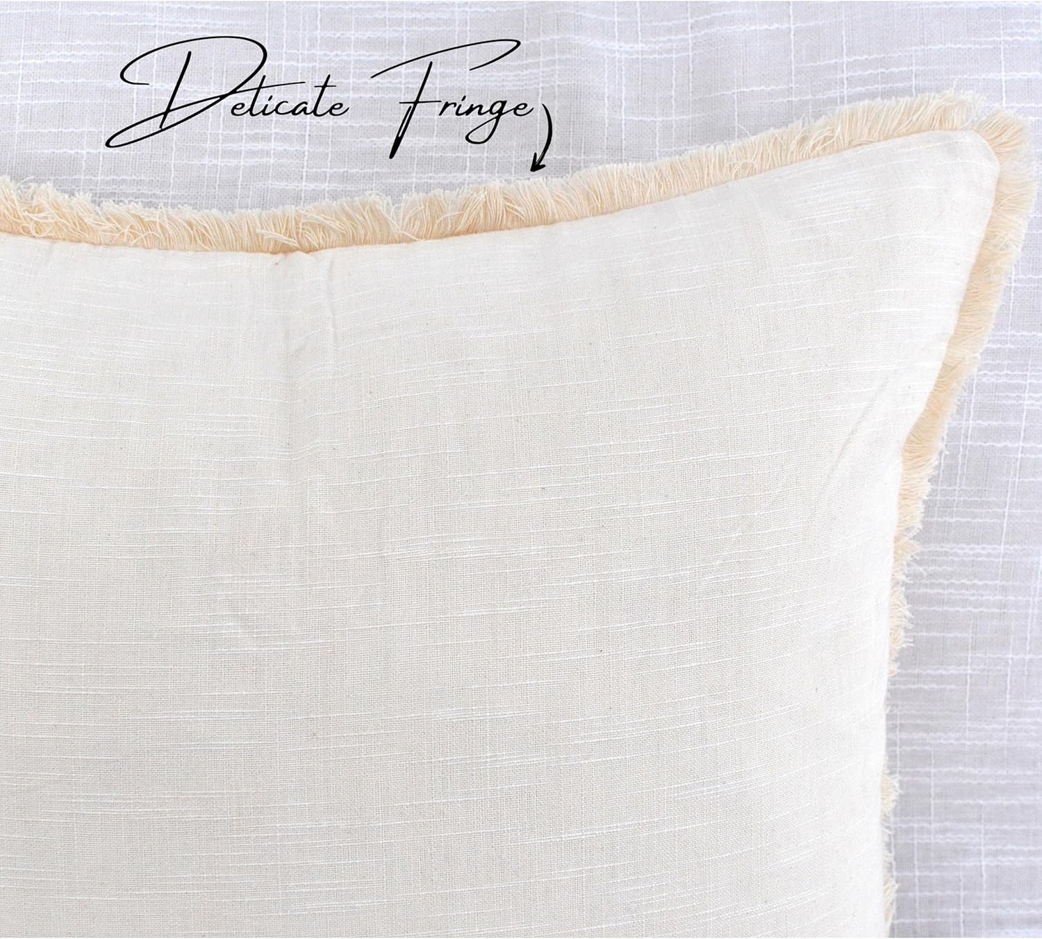 18×18 Ivory White Decorative Fringe Cotton Pillow Covers Boho Farmhouse Throw Cushion Covers with Tassels Linen Like Textured Accent Pillowcases for Bed Couch Chair Sofa Living Room Set of 2