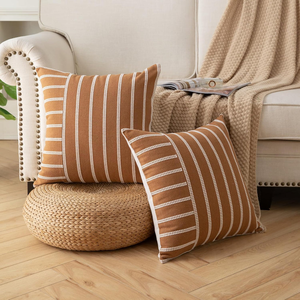 Caflife Boho Throw Pillow Covers 18x18 Set of 2 Soft Farmhouse Decorative Couch Pillow Cases Brown Striped Pillow Covers Neutral Cushion Covers for Sofa Bed Living Room Home Decor