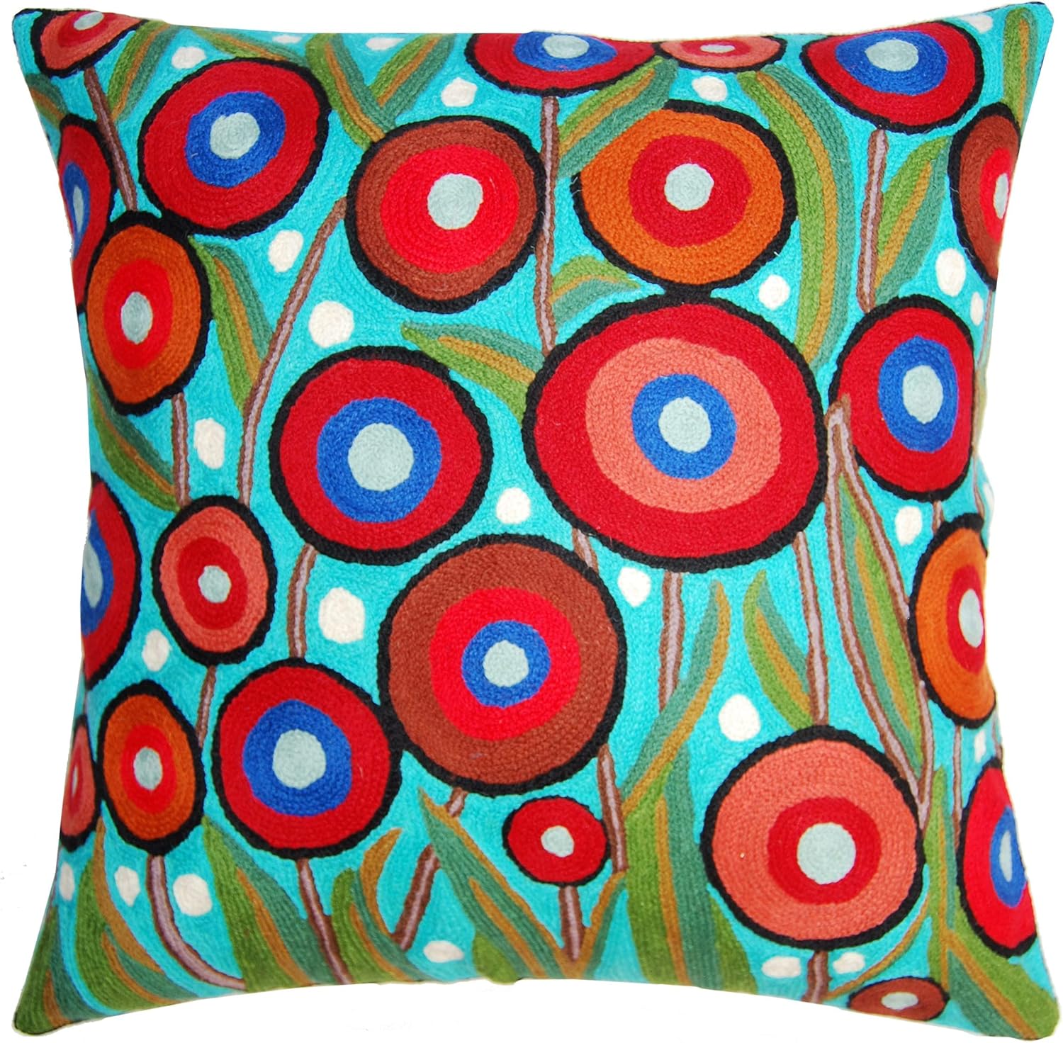 Floral Poppy Pillow Cover - Turquoise Suzani Poppies Accent Chair Cushion - 18x18 Inch Hand Embroidered Wool