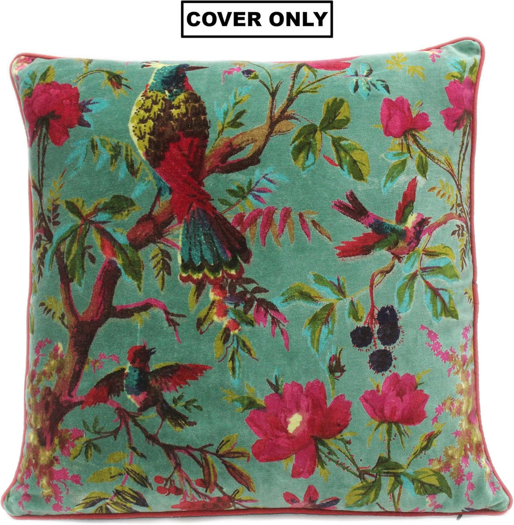 Eyes of India Velvet Floral Flower Bird Throw Pillow Sofa Cushion Cover Case Couch Colorful Boho Chic Bohemian Accent Indian Handmade (Green, 24" x 24")