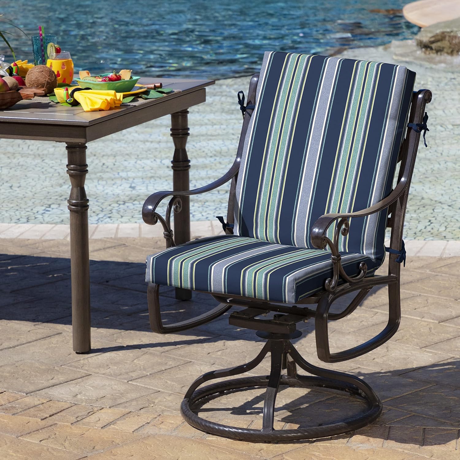 ARDEN Outdoor Midback Chair Cushion, 18 x 16.5, Water Repellent, Fade Resistant 18 x 16.5, Sapphire Aurora Blue Stripe