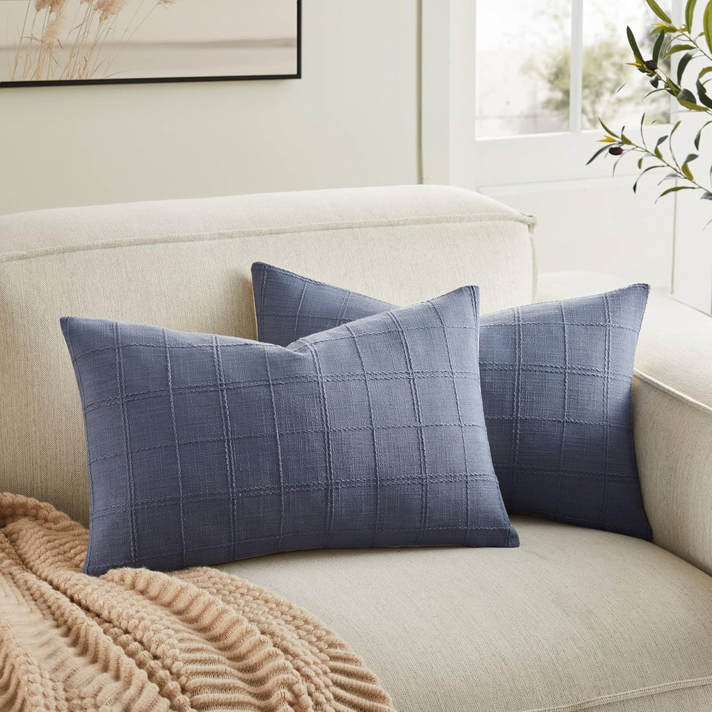 ZeeMart Linen Checked Lumbar Throw Pillow Covers Set of 2, 12x20 Inch Blue/Cream, Farmhouse Decorative Single Sided Grid Embroidered Couch Pillow Cases Dusty Blue Cotton Linen Cushion Covers