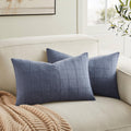 ZeeMart Linen Checked Lumbar Throw Pillow Covers Set of 2, 12x20 Inch Blue/Cream, Farmhouse Decorative Single Sided Grid Embroidered Couch Pillow Cases Dusty Blue Cotton Linen Cushion Covers