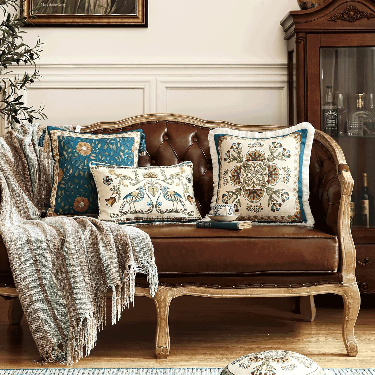 patdrea Designer Square Throw Pillow Covers,French Vintage Blue Farmhouse Linen Floral Pattern Pillow Cover,Decorative Pillowcases Cushion for Bed Living Room Outdoor Car,18"x18"