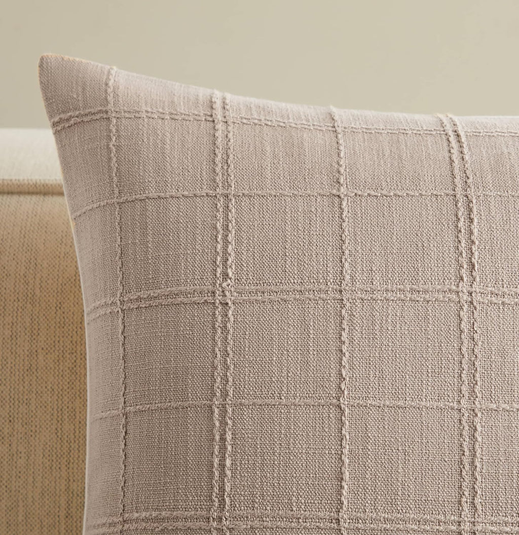 ZeeMart Linen Checked Throw Pillow Covers Set of 2, 24x24 Inch Taupe/Cream, Farmhouse Decorative Single Sided Grid Embroidered Couch Pillow Cases Light Brown Cotton Linen Cushion Covers
