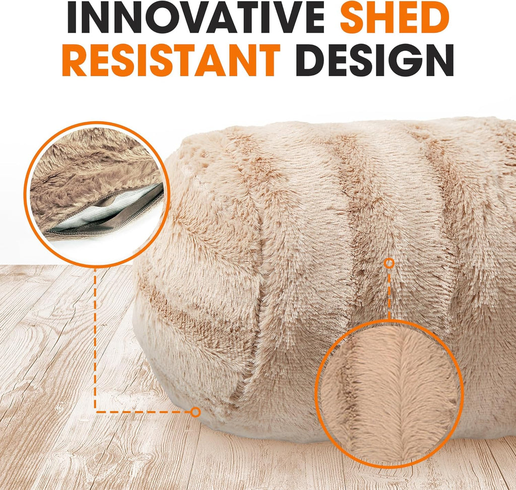 Cheer Collection Faux Fur Bolster Pillows – Soft Decorative Cylinder Pillows for Bed or Couch, Machine Washable – 8” x 24”, Set of 2, Sand