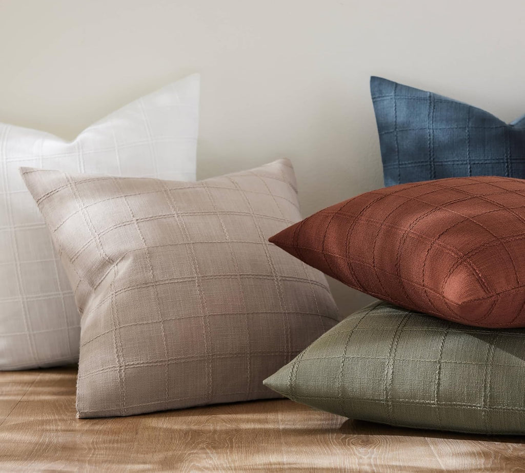 ZeeMart Linen Checked Throw Pillow Covers Set of 2, 18x18 Inch Allover Grid Terracota, Farmhouse Decorative Double Sided Grid Embroidered Couch Pillow Cases Rust Cotton Linen Cushion Covers