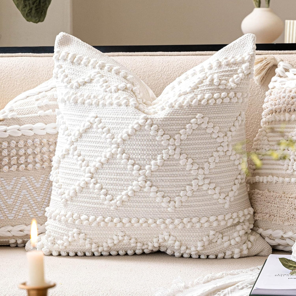 BlissBlush Pure White Decorative Throw Pillow Cover 20X20, Boho Accent Pillow for Couch, Square Modern Farmhouse Pillowcase for Living Room Couch Sofa Cushion Home Décor (Pack of 1)