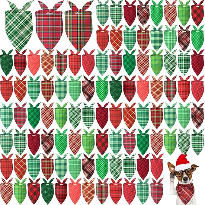 Abbylike 100 Pcs Christmas Dog Bandanas Bulk Red and Green Buffalo Plaid Xmas Bandanas for Dogs Triangle Kerchief Bibs Scarf Set with Christmas Patterns for Pets Costume Photo Props Accessories